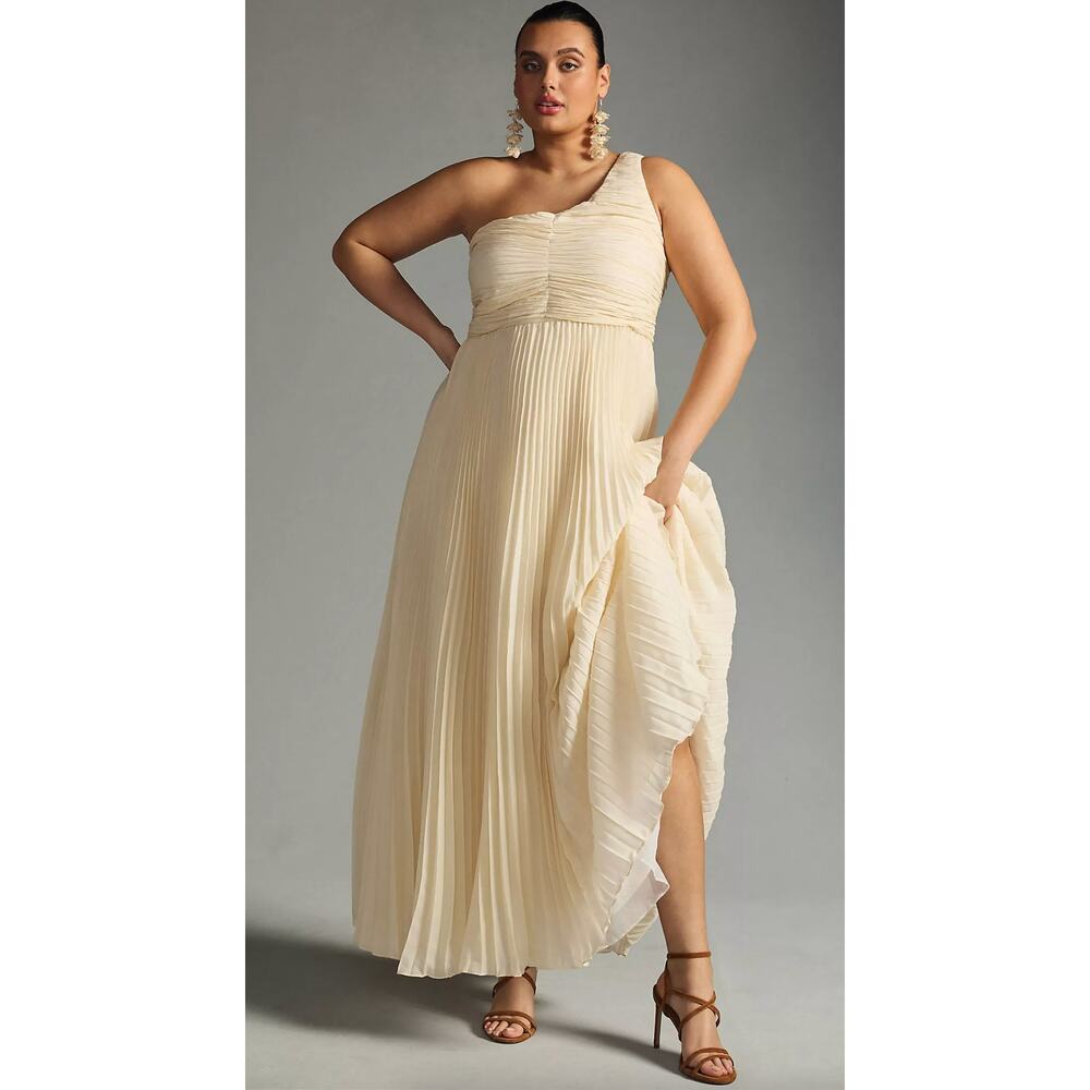 NWT Anthropologie Let Me Be One-Shoulder Pleated Maxi Dress Cream White Medium